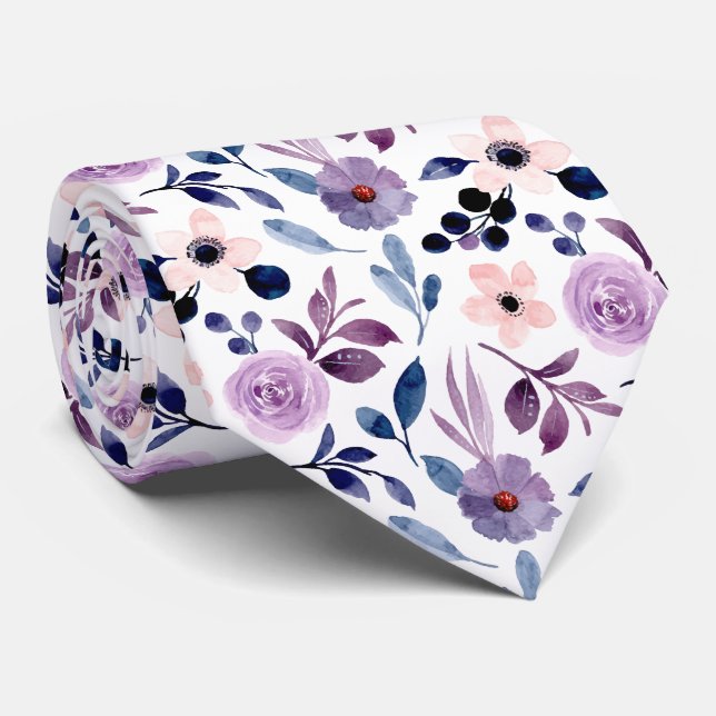  Delicate Floral Design with Navy Lavender Leaves Tie (Rolled)