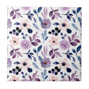  Delicate Floral Design with Navy Lavender Leaves Tile