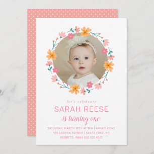 Delicate Floral Frame Photo Kids Birthday Invitation
