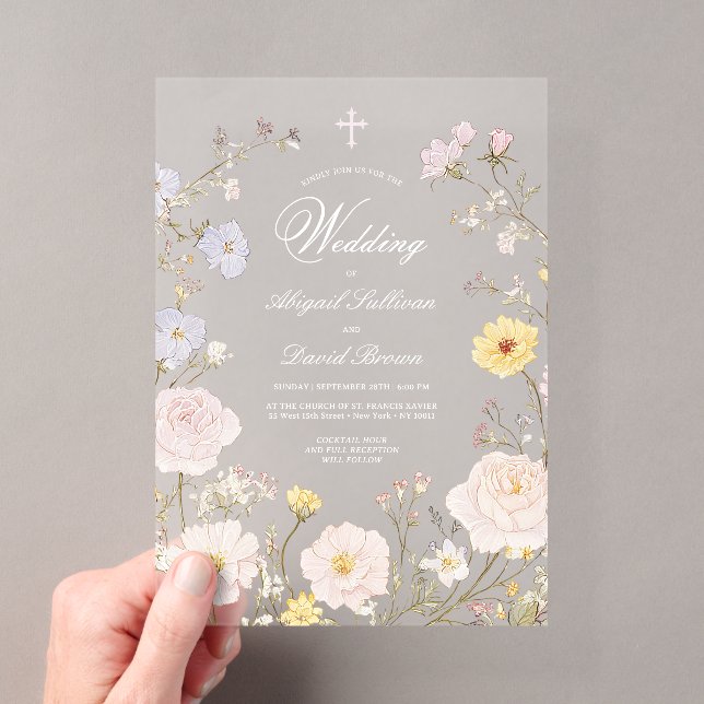 Delicate Floral Frame Religious Wedding Acrylic Invitations (Insitu (Handheld))