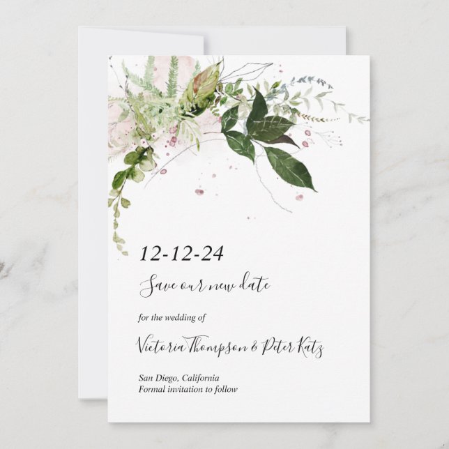 Delicate floral Greenery Save the Date Invitation (Front)