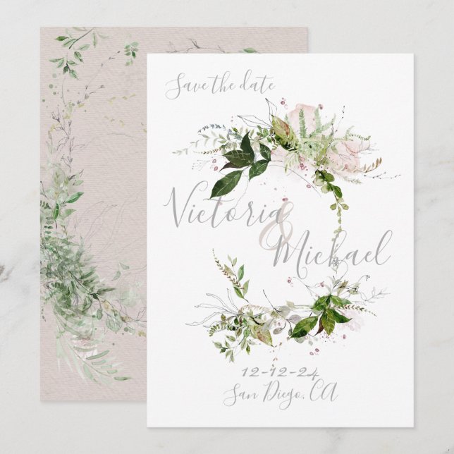 Delicate floral Greenery Save the Date Invitation (Front/Back)