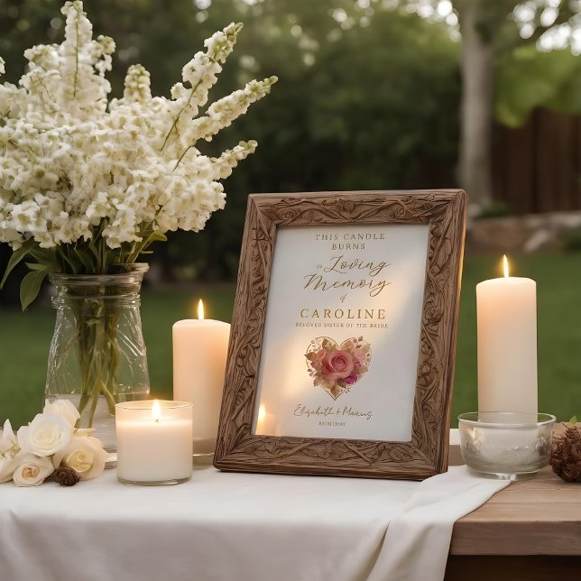 Delicate Floral Heart Wedding Memorial Table Poster (Delicate Romantic Floral Heart Memorial Poster in Pink Tones with This Candle Burns in Loving Memory)