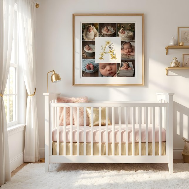 Delicate Floral Initial A 8-Photos Collage Newborn Poster (Delicate Floral Initial A Monogram 8-Photos Collage Newborn Session Poster Design. )