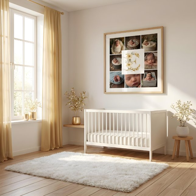 Delicate Floral Initial E 8-Photos Collage Newborn Poster (Delicate Floral Initial E Monogram 8-Photos Collage Newborn Session Poster Design. )