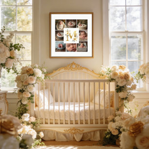 Delicate Floral Initial M 8-Photos Collage Newborn Poster