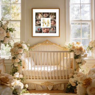 Delicate Floral Initial M 8-Photos Collage Newborn Poster