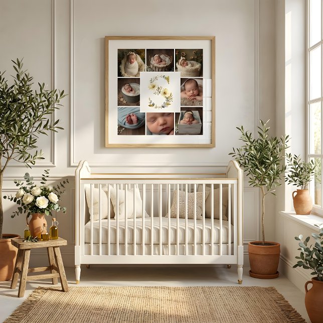 Delicate Floral Initial S 8-Photos Collage Newborn Poster (Delicate Floral Initial S Monogram 8-Photos Collage Newborn Session Poster Design.)