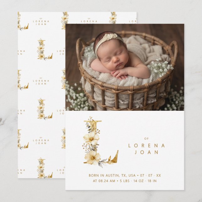 Delicate Floral L Initial Gold Glitter Newborn Announcement (Front/Back)