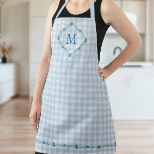Delicate Floral Monogram Blue Gingham Cottagecore Apron