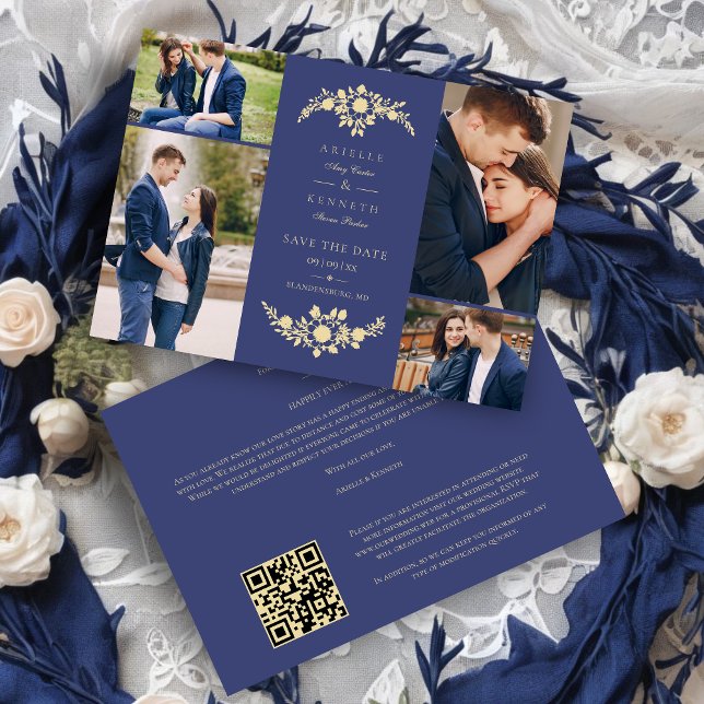 Delicate Floral Navy Blue & Gold 4 Photos Collage Save The Date (Delicate Floral Navy Blue & Gold 4 Photos Collage Save the Date)