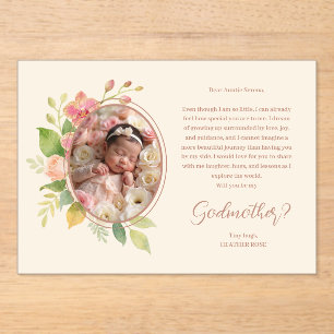 Delicate Floral Oval Photo Frame Godparents Acrylic Invitations