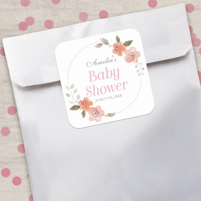 Delicate Floral Pink Baby Shower Square Sticker (Creator Uploaded)