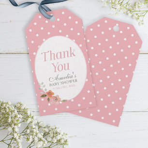 Delicate Floral Pink Polka Dot Thank You Gift Tags
