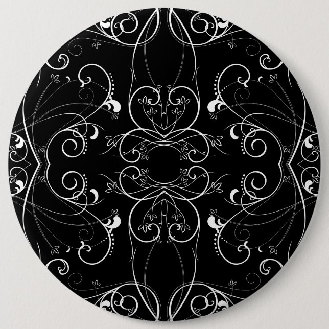 Delicate Floral Repeating Pattern in White on Blac 6 Inch Round Button (Front)