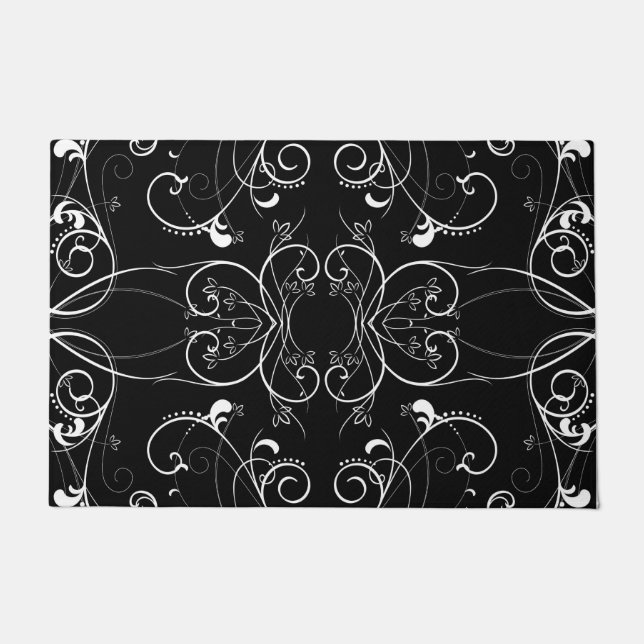Delicate Floral Repeating Pattern in White on Blac Doormat (Front)