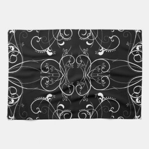 Delicate Floral Repeating Pattern in White on Blac Kitchen Towel