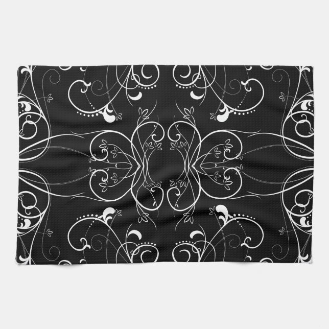 Delicate Floral Repeating Pattern in White on Blac Kitchen Towel (Horizontal)