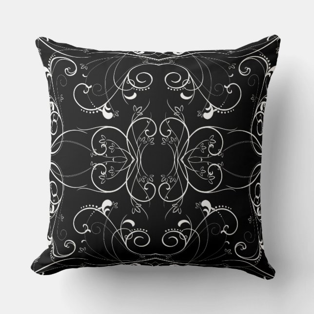 Delicate Floral Repeating Pattern in White on Blac Throw Pillow (Front)