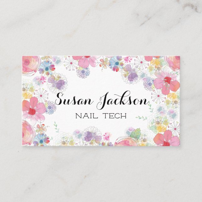 Delicate Floral Soft Multicolor Script   Business  Card (Front)