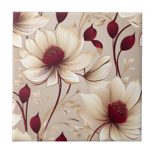 Delicate Floral With Burgundy Blooms Tile