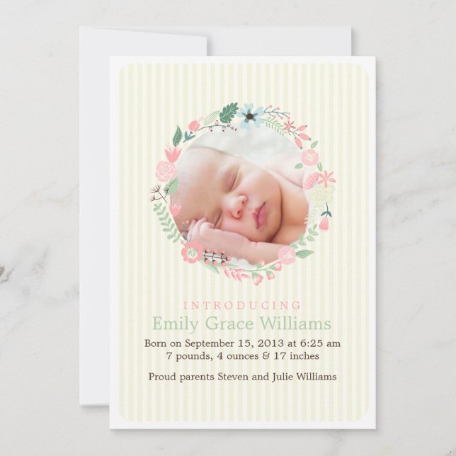 Delicate Floral Wreath Birth Announcements (Front)