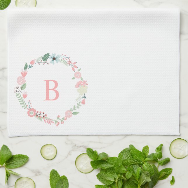 Delicate Floral Wreath Monogram Kitchen Towel (Folded)