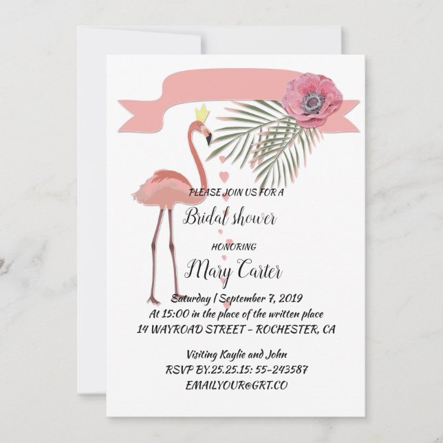 Delicate floral wreath,  pink  flamingos, invitation (Front)
