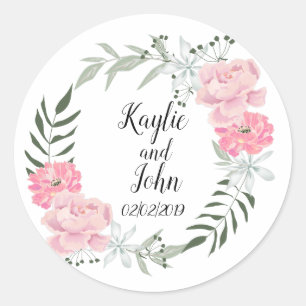Delicate floral wreath, pink peonies classic round sticker