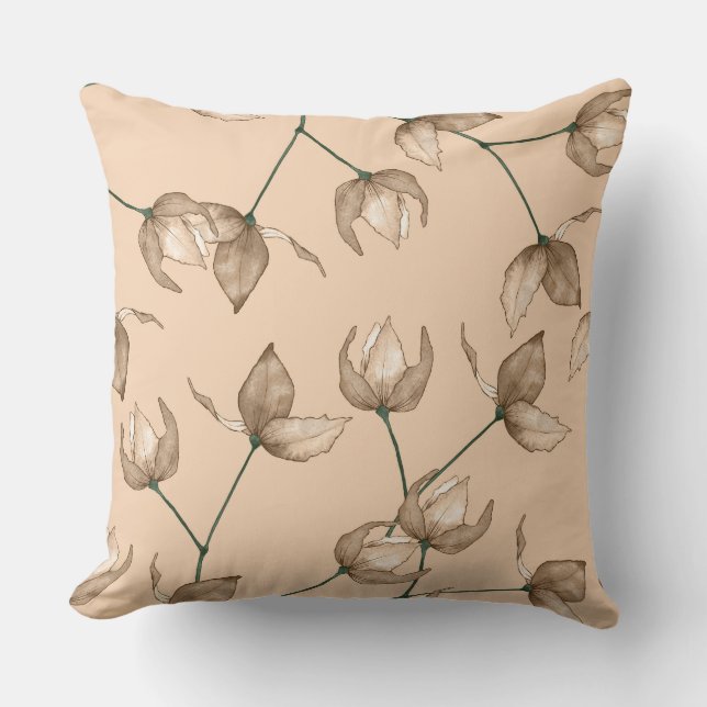 Delicate florals in mocha on peach background throw pillow (Front)