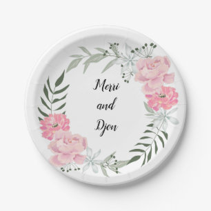Delicate flower wreath, pink peonies paper plate