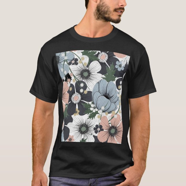 Delicate flowers: hand-drawn seamless pattern. T-Shirt (Front)