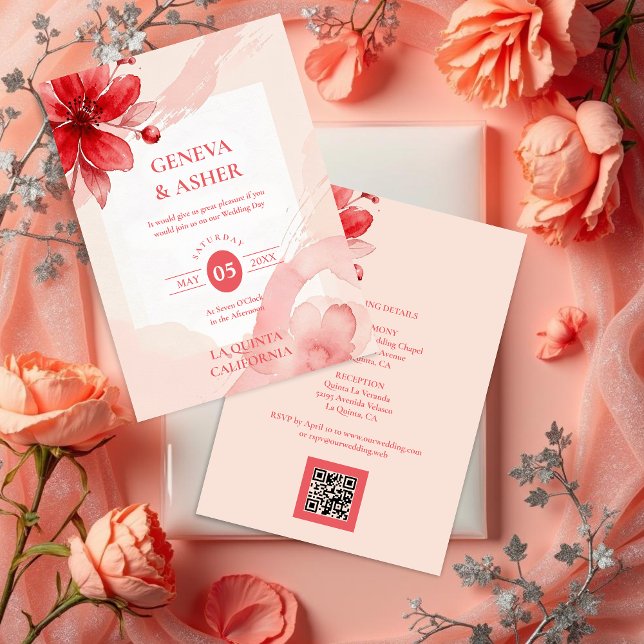 Delicate Flowers Juicy Red & Pinky Pink Editorial Invitation (Delicate Romantic Flowers Juicy Red & Pinky Pink Editorial Wedding Invitation with Back QR Code.)