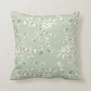 Delicate Flowers on SAge Green Throw Pillow