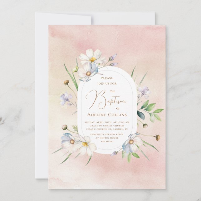 Delicate Flowers Over Soft Watercolors Baptism Invitation (Front)