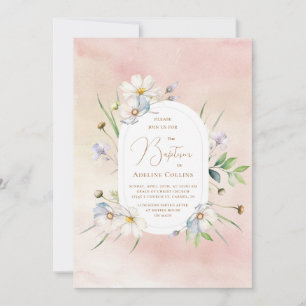 Delicate Flowers Over Soft Watercolors Baptism Invitation