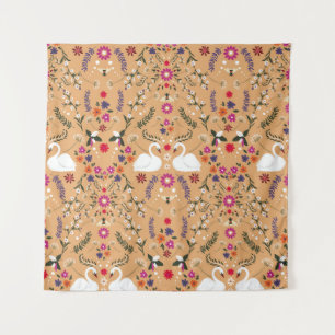 Delicate flowers, swan fantasy seamless pattern. tapestry