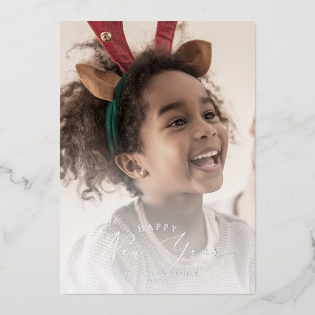 Delicate Foil Happy New Year Photo Year In Review Foil Holiday Card (Front)