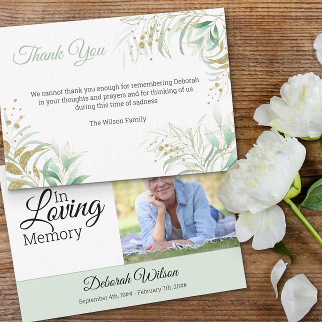 Delicate Foliage Green and Gold Memorial Photo Thank You Card (Creator Uploaded)