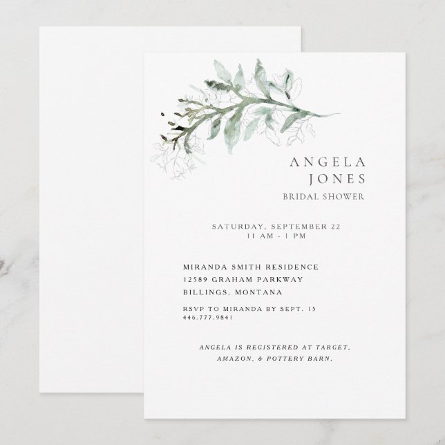 Delicate Foliage White Bridal Shower II Invitation (Front/Back)