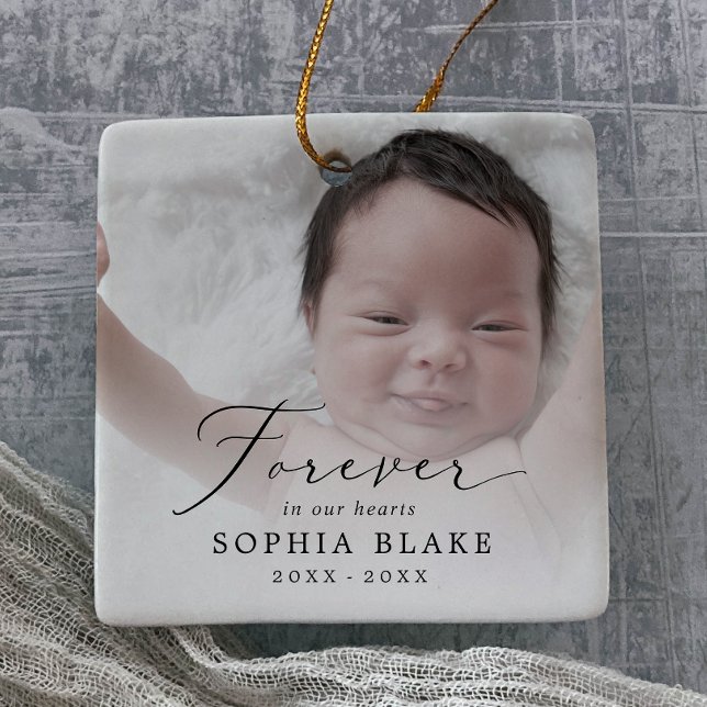 Delicate Forever in Our Hearts Baby Photo Memorial Ceramic Ornament (Creator Uploaded)