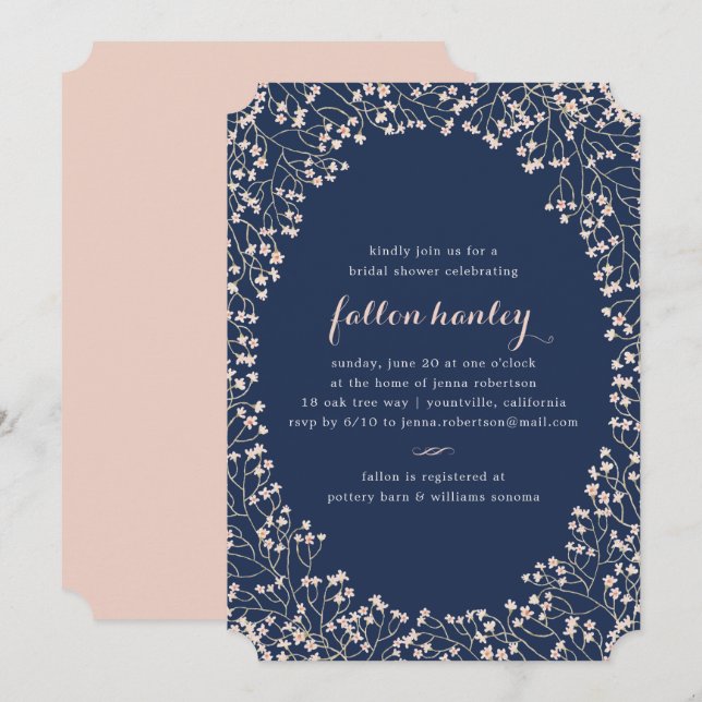 Delicate Frame Blush & Navy Bridal Shower Invite (Front/Back)
