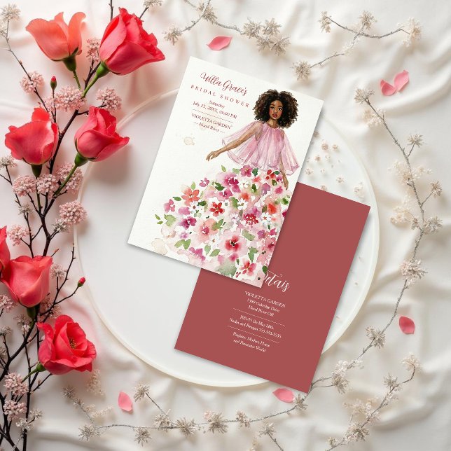 Delicate Girl Pink Floral Tulle Bridal Shower Invitation (Delicate Pink Floral Tulle Bridal Shower Invitation Featuring Watercolor Effect Woman Illustration.)