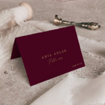 Delicate Gold and Burgundy Menu Option Place Cards<br><div class="desc">These delicate gold and burgundy menu option place cards are perfect for a modern wedding. The romantic minimalist design features lovely and elegant champagne golden yellow typography on a burgundy red background with a clean and simple look. Personalize with the guest name, table number, and menu option and purchase each...</div>