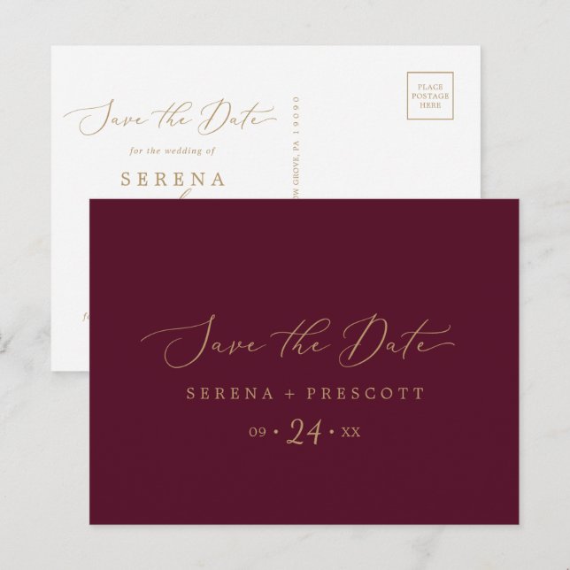 Delicate Gold and Burgundy Save the Date Postcard (Front/Back)