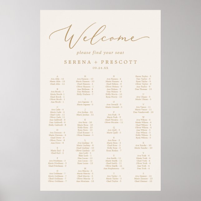 Delicate Gold and Cream Alphabetical Seating Chart (Front)