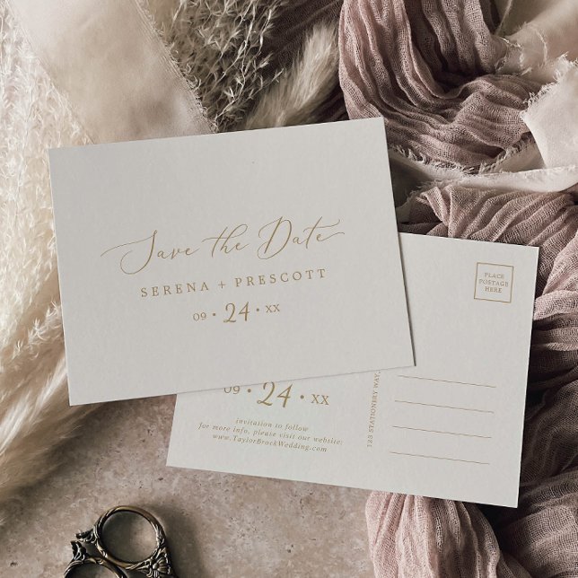 Delicate Gold and Cream Horizontal Save the Date Invitation Postcard (Creator Uploaded)