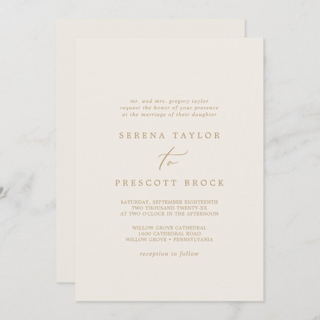 Delicate Gold and Cream Traditional Wedding Invitation (Front/Back)
