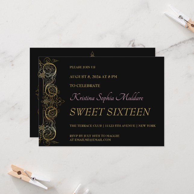 Delicate Gold Border Party Invitation (Front/Back In Situ)