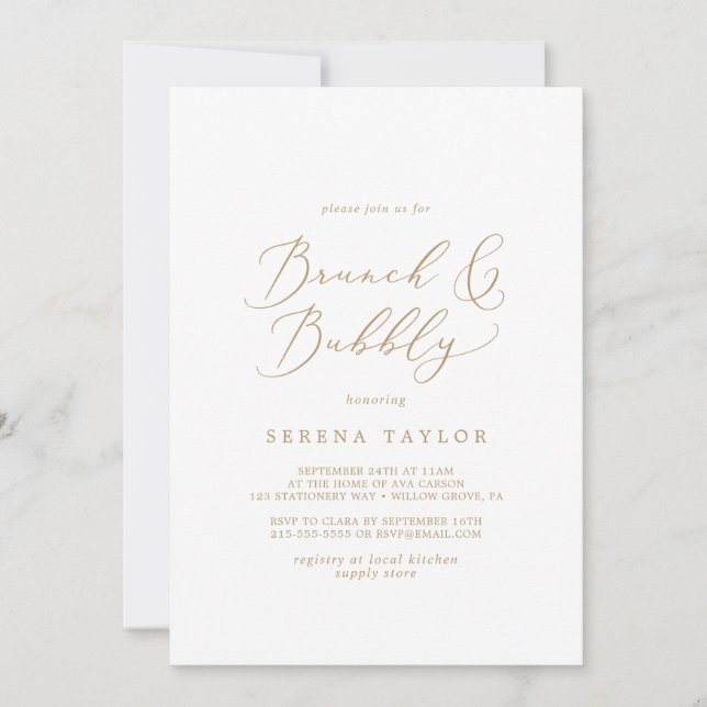 Delicate Gold Brunch and Bubbly Bridal Shower Invitation (Front)